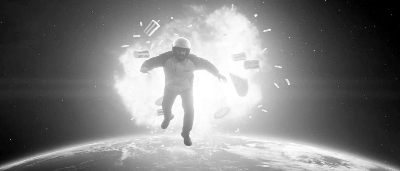 Delivery driver floating in space among flying products